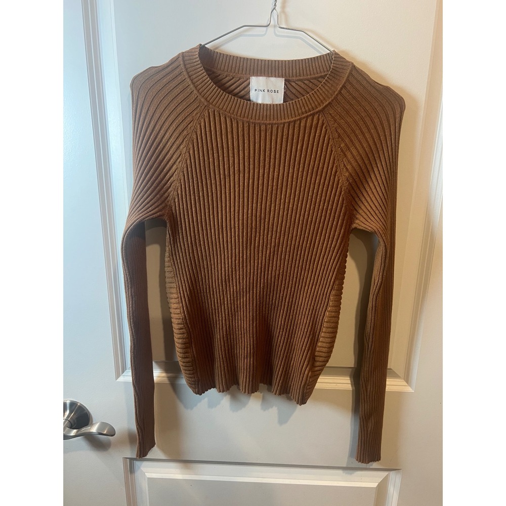 Pink Rose Womens Sweater Twist‎ Back Ribbed Knit Brown Medium